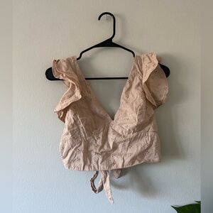 Tan Taupe Eyelet Bohemian Fairycore Ruffle Sleeve Tie Back Crop Top size S